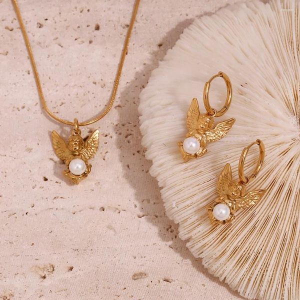 Collana orecchini set mini perla pendente angelo orecchino pendente impermeabile placcato oro 18 carati decorazione gioielli in acciaio inossidabile 316L