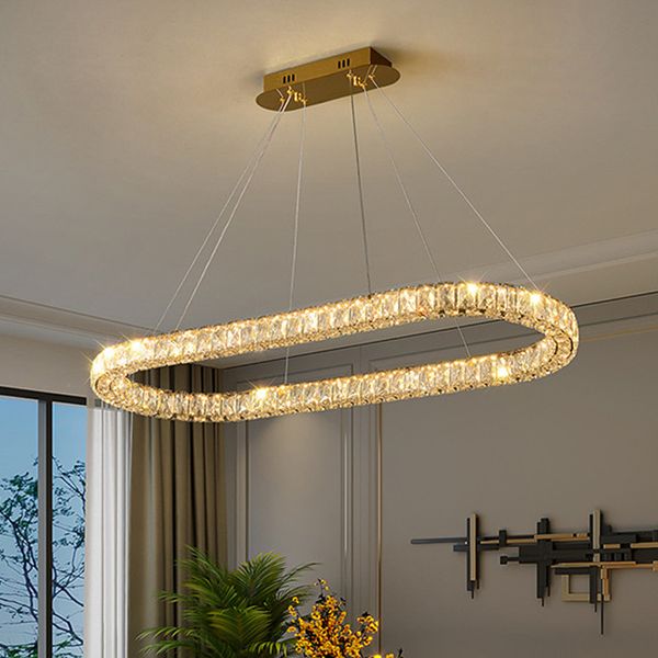 Luxo oval luzes pingente moderna sala de estar jantar lustre teto cristal brilho dourado regulável led luz teto