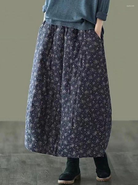 Юбки с высокой талией, толстая теплая повседневная юбка, женская 2024, осень-зима, винтажный стиль, свободная женская трапециевидной формы с цветочным принтом, B3100