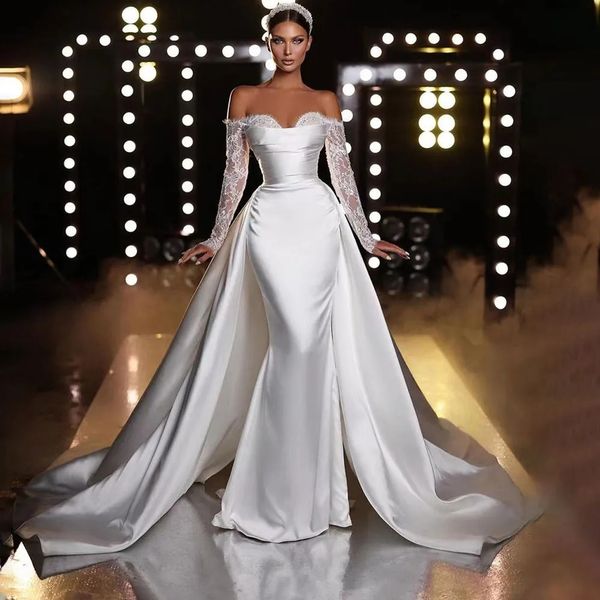 Alonlivn Abito da sposa a sirena con gonna oversize e spalle scoperte Abito da sposa in raso di lusso con maniche lunghe 2 in 1 Abiti da sposa