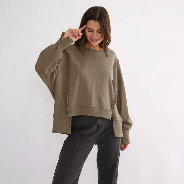 Женские толстовки оверсайз из 100% хлопка с длинным рукавом в стиле пэчворк с открытой стороной, уличная одежда, пуловеры в стиле Харадзюку, осенняя одежда для 240115