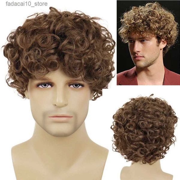 Perucas sintéticas GNIMEGIL Homens Perucas Penteado Natural Fibra Sintética Peruca Curta Marrom com Franja Peruca Encaracolada Cosplay Carnaval Halloween Costume Peruca Q240115