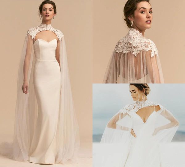 Jacken BHLDN Cape für Strandhochzeit Applikation High Neck Lange Spitze Tüll 3M Länge Maßgeschneiderte weiße Elfenbein Hochzeitsschal für Braut Günstige W