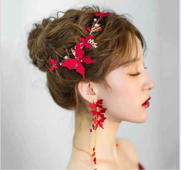 Copricapo Copricapo da sposa coreano Accessori per capelli farfalla rossa cinese nuovi accessori da sposa gioielli da sposa abito a tre pezzi