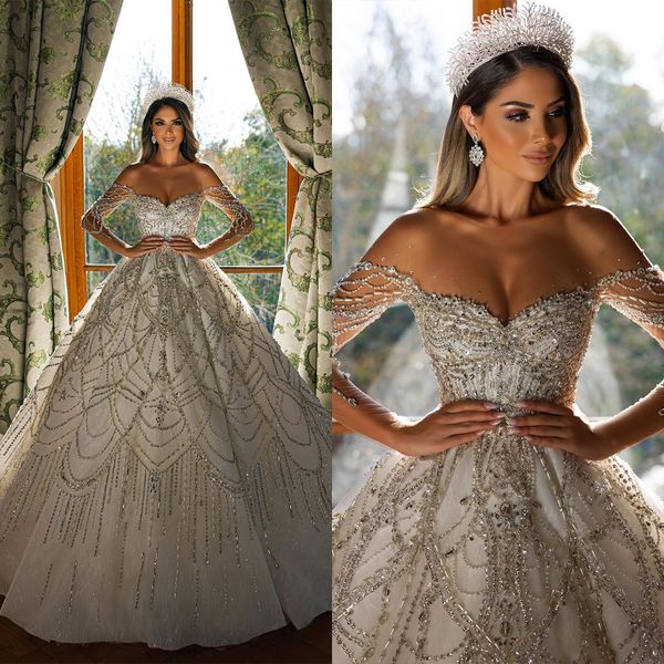 Lindo vestido de noiva feminino, linha a, decote transparente, mangas compridas, vestidos de noiva, miçangas de cristal, zíper, vestido de trem para noiva, feito sob encomenda