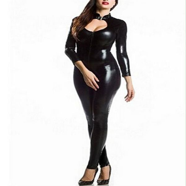 Plus size 3xl 4xl 5xl wetlook feminino preto falso couro bodysuit fetiche sexy zíper catwoman trajes erótico busto aberto catsuit266s