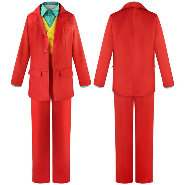 Tema traje palhaço coringa vem terno vermelho jaqueta calças camisa roupas halloween vem para crianças homens carnaval masquerade festa coringa cosplay