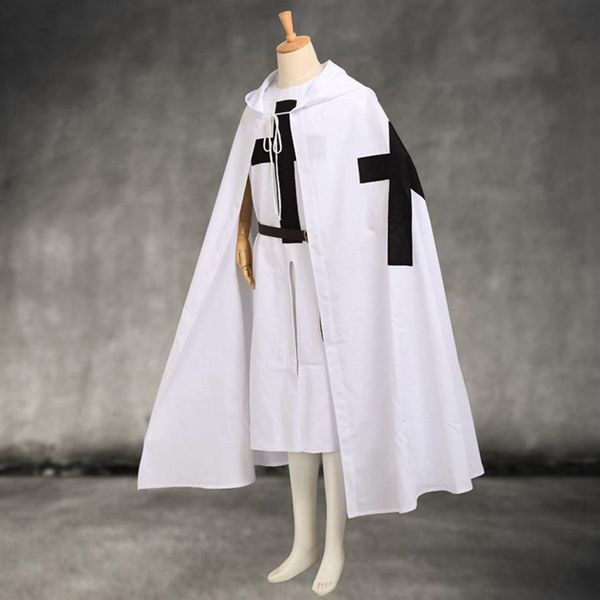 Medievale Cavalieri Templari Mantello Set Cosplay da uomo Guerriero bianco Larp Costume Tunica CAPO Croce nera Stampa Ouitfit233o