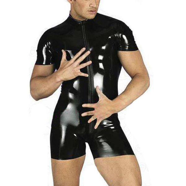 Bodysuit flexível masculino sexy preto collant zíper catsuit manga curta macacão boate bar clubwear costume227a