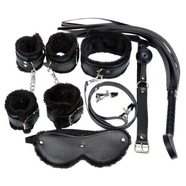 Set di costumi da donna 7 pezzi Set sexy in pelle PU Peluche Fetish Bondage sessuale Biancheria intima erotica con manette Morsetti per capezzoli Gag Whip249N