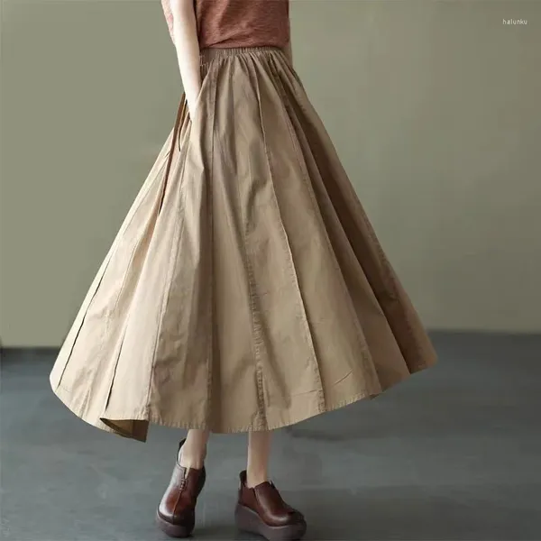 Röcke Japanische Y2k Mode Baumwolle Langen Rock Frauen Herbst Winter Elastische Taille A-linie Solide Ästhetische Plus Größe Kleidung