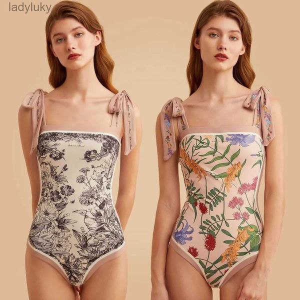 Swim Wear Novo Vintage Impresso Dupla Face Desgaste Natação Maiô Mulheres Bandage Sexy One Piece Swimsuit Beachwear Swimwear WomanL240115