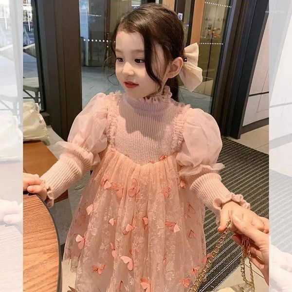 Vestidos de menina inverno garotas quentes e gaze de veludo vestido de bola rosa Princesa Shiny Butterfly Birthday Kids Christmas Party Sweater Salia