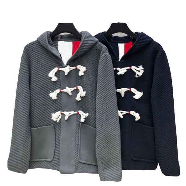 Primavera masculino e feminino funmix vaca chifre botão lã jaqueta com capuz de malha cardigan blazer simples confortável casal luxo quatro jaquetas listradas