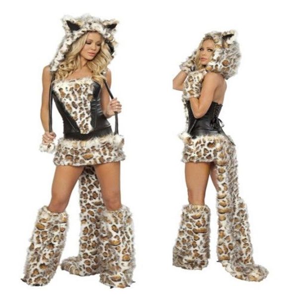 Сексуальный пушистый леопардовый принт, пушистый костюм на Хэллоуин, COS, женщины-кошки, кошка, волк, леопард, одежда для ночного клуба, вечеринка, рождественская одежда, комплект Gift240n