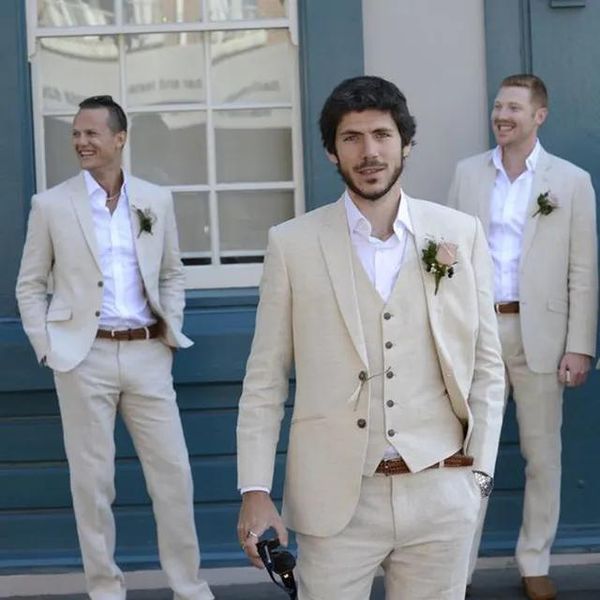 Blazers 2018 ternos de verão bege praia ternos homens linho terno casamento padrinhos casamento smoking feito sob encomenda homem terno 3 peça