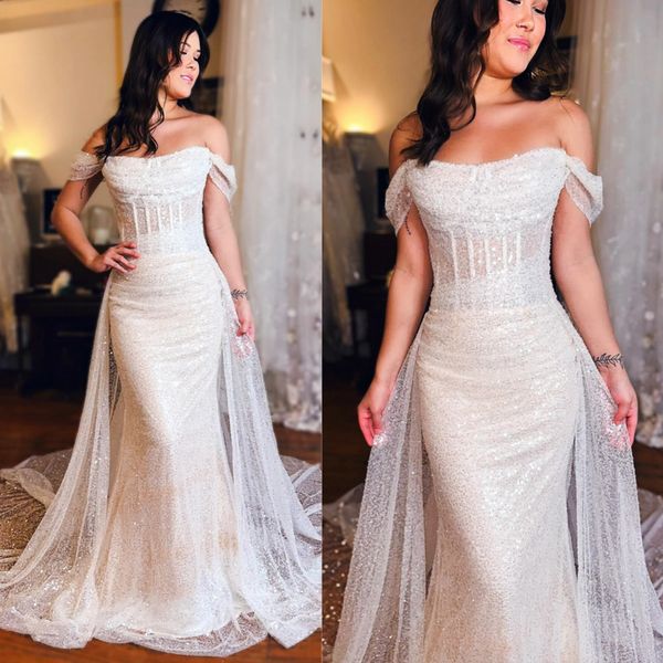 Abito da sposa a sirena scintillante per la sposa Illusione con spalle scoperte Abiti da sposa in pizzo con paillettes per la Nigeria Donne nere per il matrimonio Abiti splendidi NW053