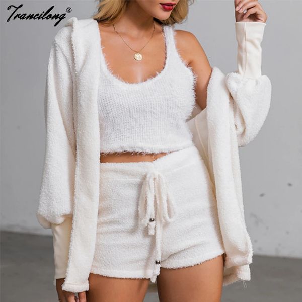 Herbst Samt Dreiteiliger Anzug Outfits Sexy Frauen Weiß Passendes Set Crop Top und Shorts Lounge Home Wear Pijama Oversize Winter 240115