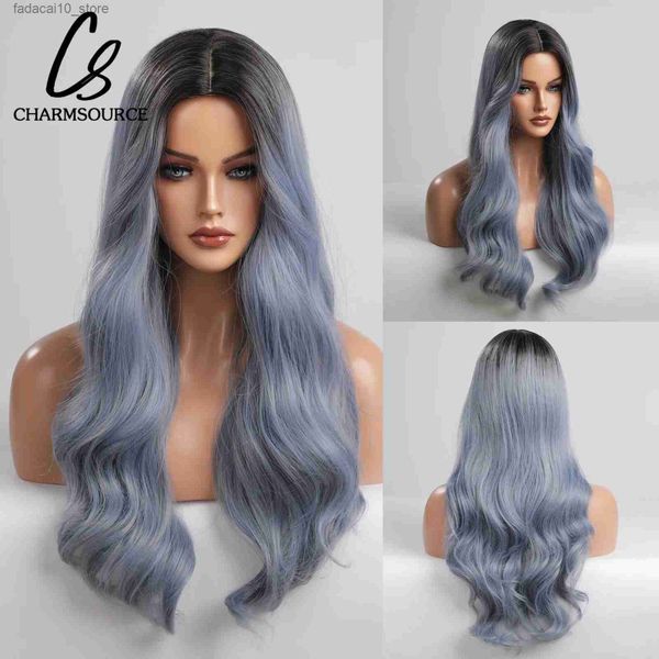 Perucas sintéticas CharmSource Cinza Azul Perucas Sintéticas Longas Cabelo Natural Ondulado Raízes Escuras Para Mulheres Festa de Halloween Cosplay Fibra de Alta Temperatura Q240115