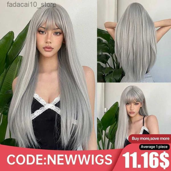 Perucas sintéticas prata cinza cinza longa reta lolita cosplay cabelo natural com franja para mulheres brancas festa diária resistente ao calor q240115