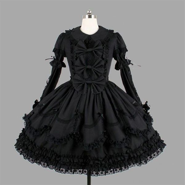 Tema Kostümü Özelleştirilmiş Klasik Siyah Pamuklu Lolita Elbiseler Kız için Çıkarılabilir Katmanlı Cosplay Kostümlü Uzun Kollu 286Q