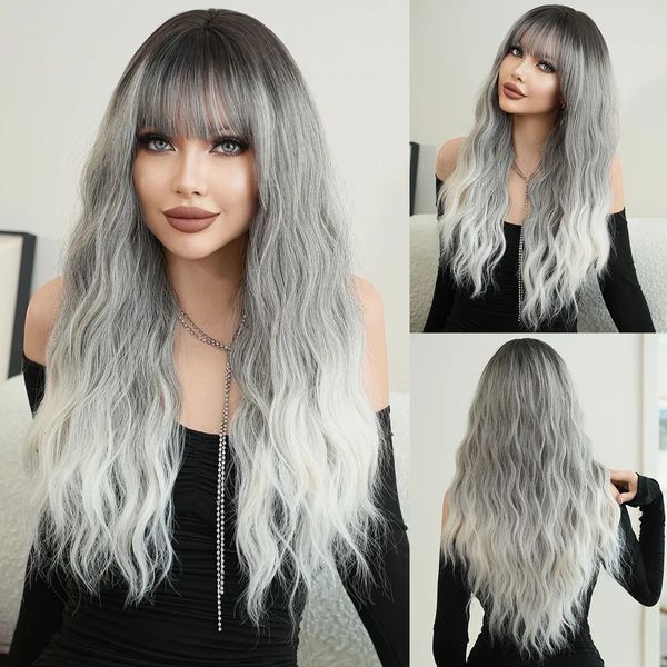 Europeu e americano feminino peruca cinza gradiente longo cabelo encaracolado grande onda de fibra química capa completa ombre cinza wig240115
