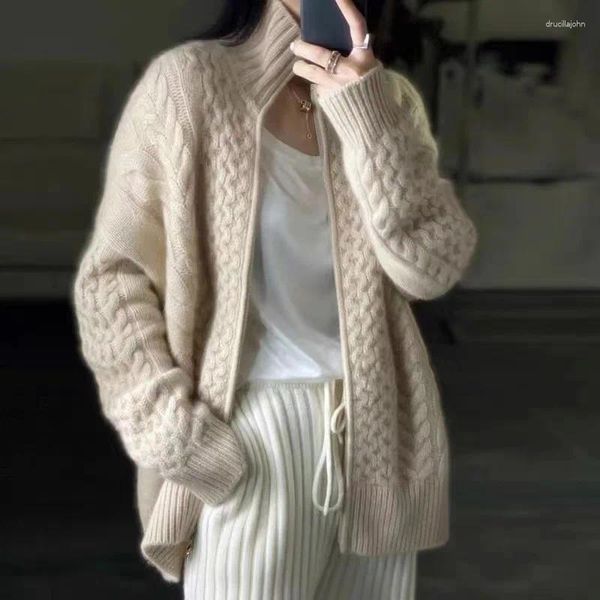 Malhas femininas estação europeia outono e inverno grosso de gola alta cashmere malha cardigan mulher solta fina zíper camisola casaco lã