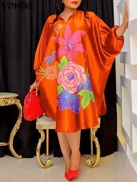 Vestidos casuais básicos VONDA-Robe mi-longue lgante imprim floral bohme pour femmes manches chauve-souris dcontract robe rtro automne grande taille 5XL 2024 3/4 YQ240115