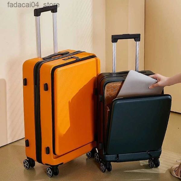 Suitcases New 20/24 inch women Front opening laptop bag Fashion Rolling Luggage trolley case Men Soild Trolley suitcase Travel bag Q240115