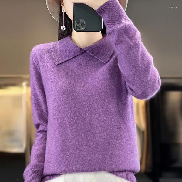 Kadın Sweaters 2024 Sonbahar Kış Kış Pure Yün Swit Sweater bayanlar Bebek Yaka Gevşek Külot Moda Üstleri Sıcak Ceket Baskı Shir