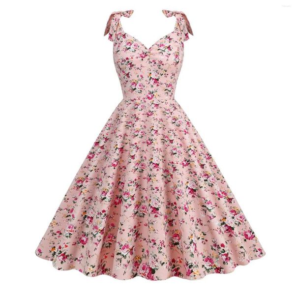 Sıradan Elbise Kadın Vintage Elbise Avrupa ve Amerikan Çiçek Stili Yay Tunik Bel İlkbahar Yaz Sundress