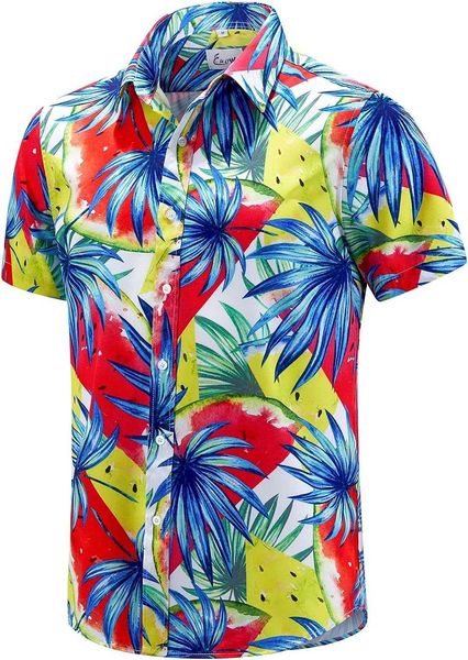 Euow erkekler hawaii gömlek kısa kollu baskılı düğme yaz plaj elbise gömlek