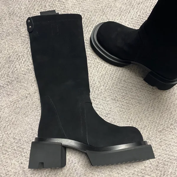 Botas de camurça alta com sola grossa acima do joelho, arquivo com plataforma artesanal, botas com ferramentas de couro real