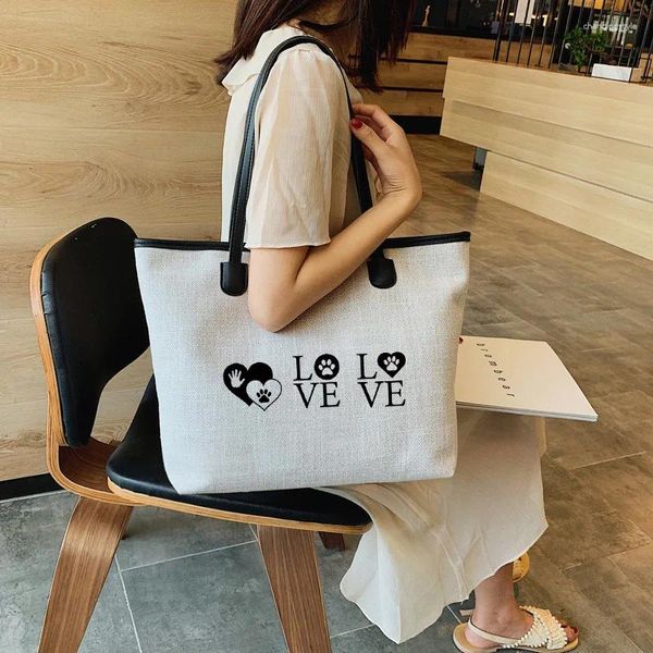 Sacos de compras Love Dog Print Letters Presente para Pet Style Tote Bag Trabalho Engraçado Impresso Mulheres Canvas Beach Handbag