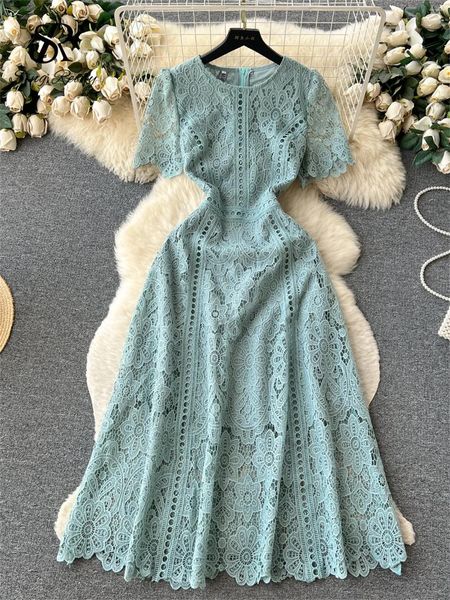 Abiti da festa SINGREINY francese vintage abito casual in pizzo o collo manica a farfalla cerniera gancio fiore cava moda sottile ricamo lungo