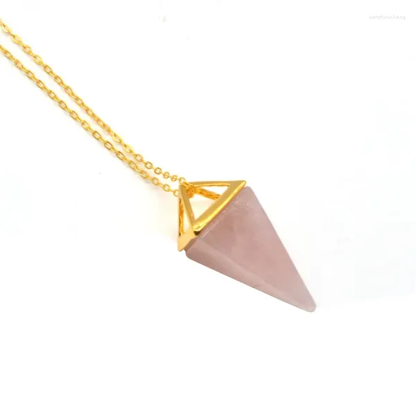 Colares Pingente Natural Gem Stone Pyramid Point Spike Pendulum Colar Gold-Cor Latão Duplo