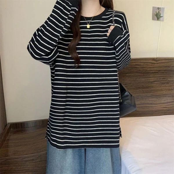 T-shirt da donna in pile oversize Camicia da donna a maniche lunghe a righe bianche e nere Abiti Viintage Moda Harajuku Primavera Autunno 2024 Top slim