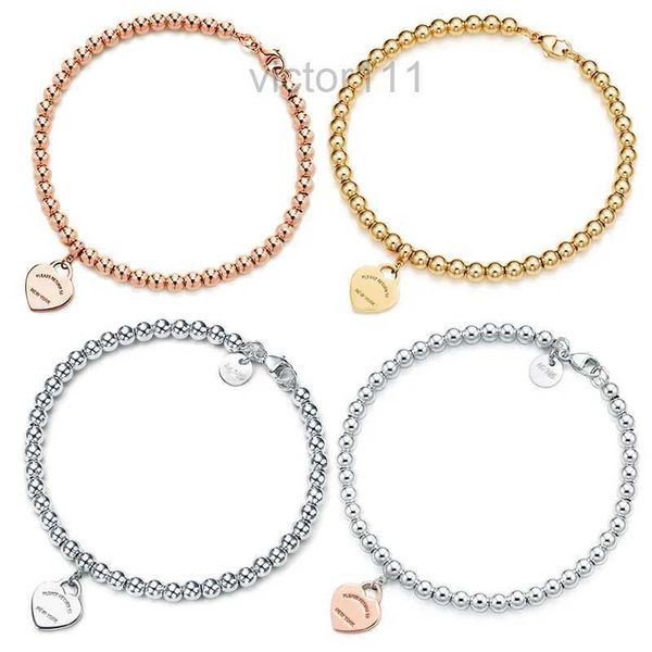 TIFF 100 925 Argento 4mm Perlina rotonda Amore Bracciale a forma di cuore Femmina Argento addensato Placcatura inferiore per Fidanzata Regalo souvenir Gioielli con ciondoli di moda T