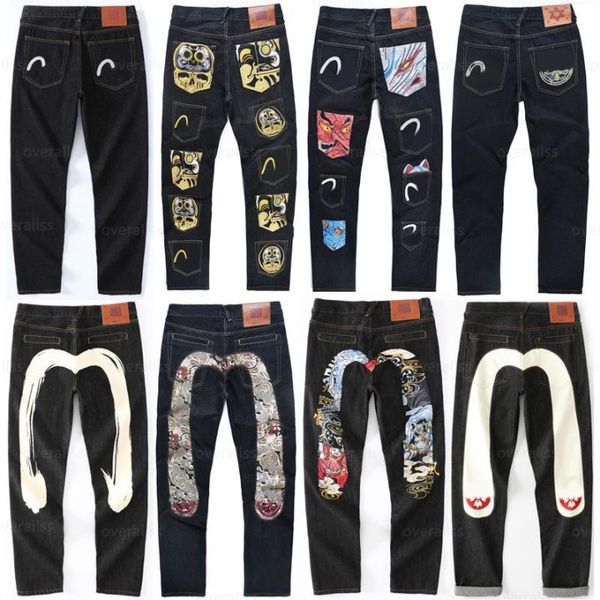 Calça calças jeans bordados em forma de m retos de tubo largo perna larga edge de borda longa rua casual ev altamente pano de hip-hop s