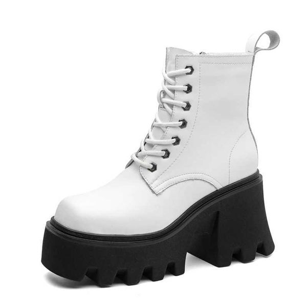 Botas femininas de salto alto tamanho grande cabeça quadrada couro tornozelo botas plataforma estilo britânico pele inverno 230922