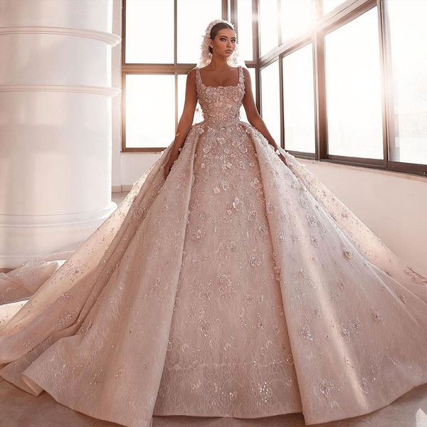 Alonlivn Elegantes Ballkleid-Hochzeitskleid mit 3D-Blumen, ärmellos, quadratischer Kragen, glänzende Spitze, Brautkleider