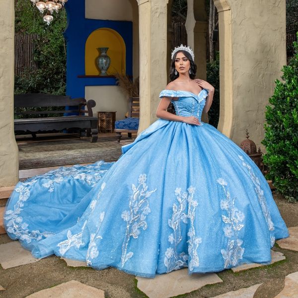 Himmelblaue Quinceanera-Kleider für 15 Jahre 2024, Ballkleid, sexy, schulterfrei, Applikation, Spitze, Perlen, Tüll, langes Partykleid für Mädchen