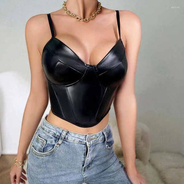 Tanques femininos preto espinha de peixe magro couro halter sexy v pescoço colheita topo mulheres verão rendas através do tanque colete sem mangas espartilho tees