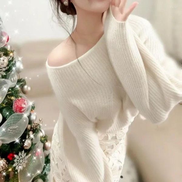 Kadın Sweaters Japonya Tarzı Tek Omuzlu Basit Katı Örme Üstler All-Match Zarif Mizaç Küleyleri Uzun Kollu Kazak Kadınlar 2024