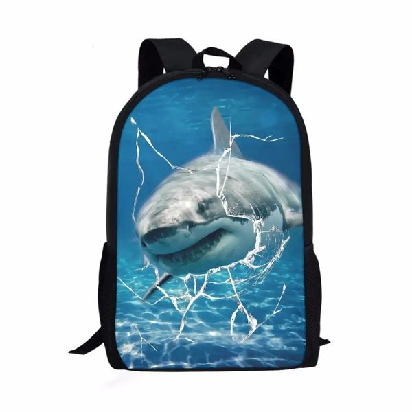Sacos tubarão 3d impresso mochila para meninos primários meninas oceano animal bookbag escola primária crianças saco de volta mochila preta 16 polegadas