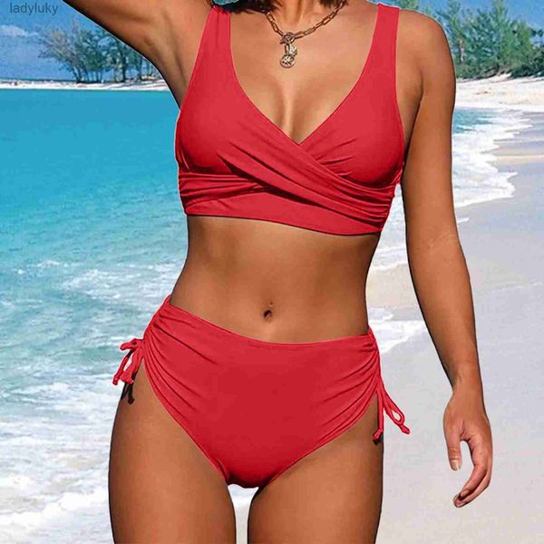 Swim Wear 2024 Mulher Nova Dividir Envoltório Lace Up Biquíni Brasileiro Sólido Sexy Cintura Alta Conjunto Biquíni Swimwears Maiô BeachwearL240115