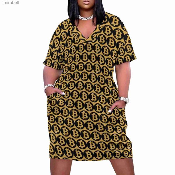 Grundlegende Freizeitkleider, perfektes schwarzes Bitcoin-Kleid mit V-Ausschnitt, Goldmünzen-Aufdruck, Straßenkleidungskleider, elegantes Freizeitkleid für Damen, stilvolle Kleidung in Übergröße, 5XL, YQ240115