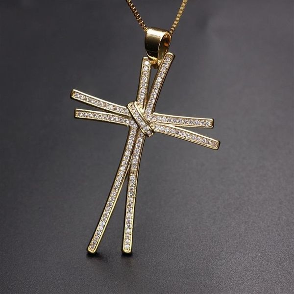 Design exclusivo de luxo completa pavimentar zircônia cúbica cruz pingente colar cor ouro corrente charme personalidade feminina colar jóias y12257c