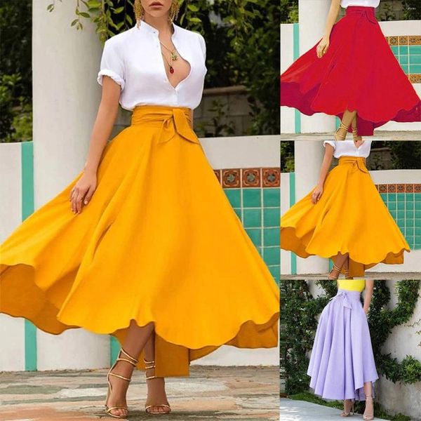 Saias femininas cintura alta meia saia plissada longa flare grande bainha vestido de férias cor sólida sofisticada