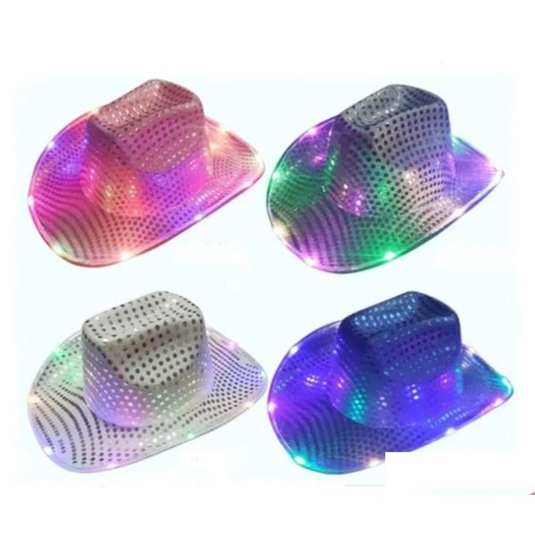 Commercio all'ingrosso Cowgirl Led Cappello lampeggiante Light Up Sequin Cappelli da cowboy Tappi luminosi Costume di Halloween Dhs Consegna di goccia Dh8Fo